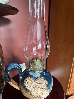 Blue and Tan Ceramic Oil Lantern with Clear Chimney